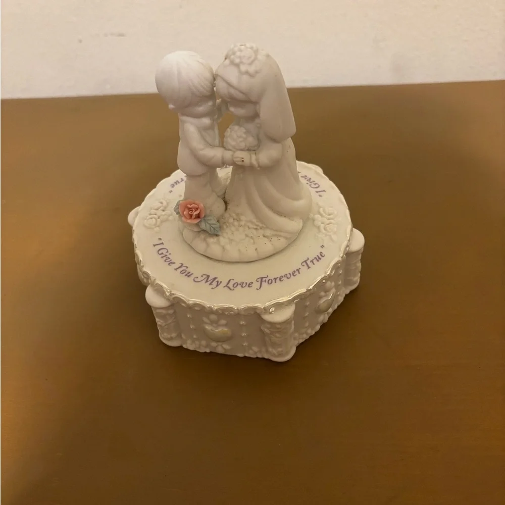 Precious Moments White Wedding Cake Topper with Pink Rose Accent